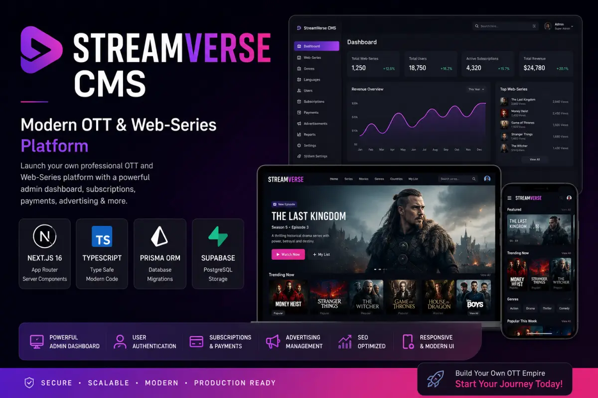 StreamVerse CMS – Modern OTT & Web-Series Directory Platform (Next.js)